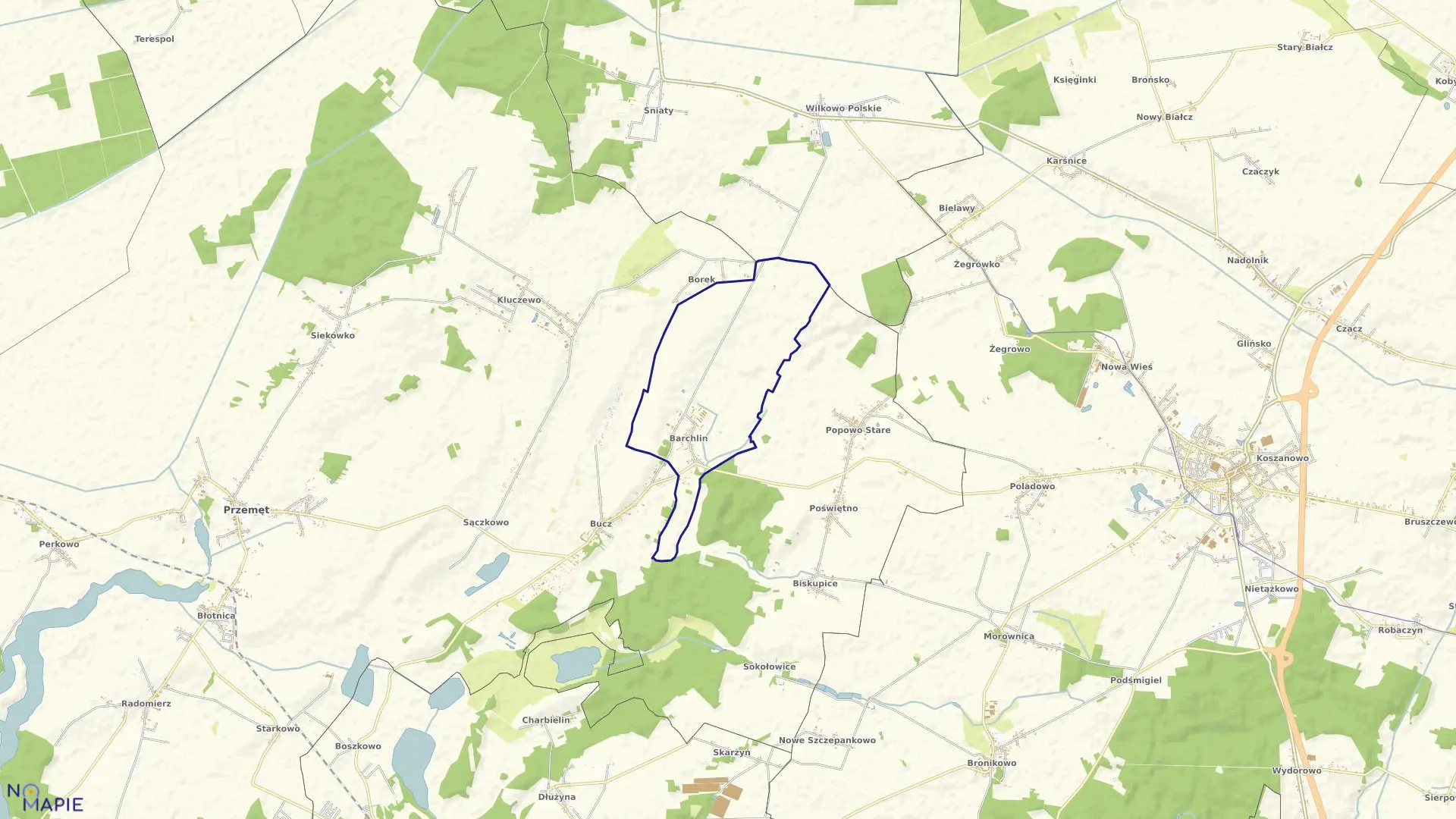 Mapa obrębu Barchlin w gminie Przemęt